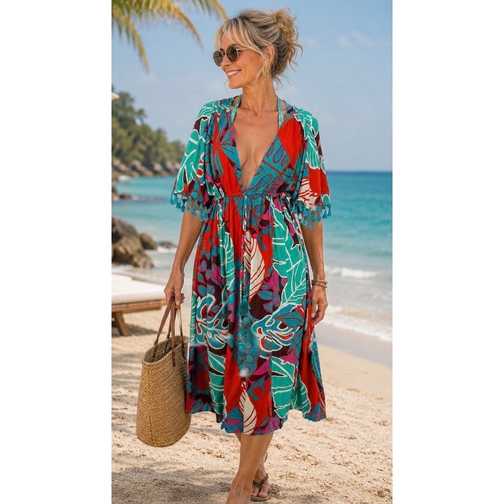 True Destinations Cover Up Dress  Colorful Multi Floral Boho Resort M
